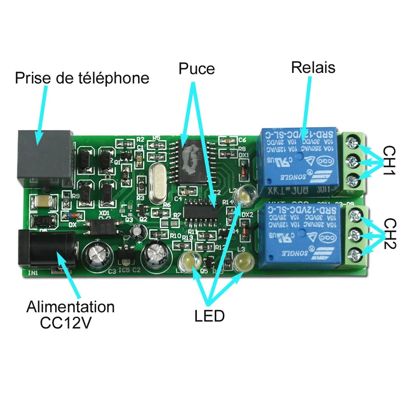 CC 12V Mini Module de Commande Par Téléphone Sortie Relais 2 Canaux (Modèle: 0040007)