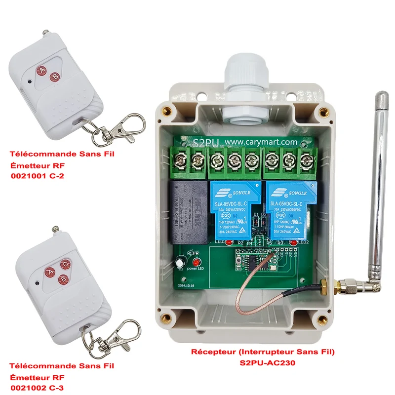230V kit interrupteur relais sans fil 2 voies 30A avec télécommande (Modèle: 0020358)