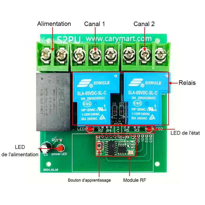 230V kit interrupteur relais sans fil 2 voies 30A avec télécommande (Modèle: 0020358)