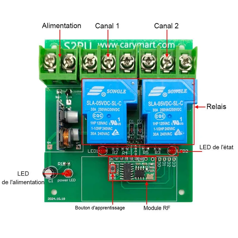 10~80V interrupteur relais 30A 2 voies avec télécommande sans fil (Modèle: 0020336)