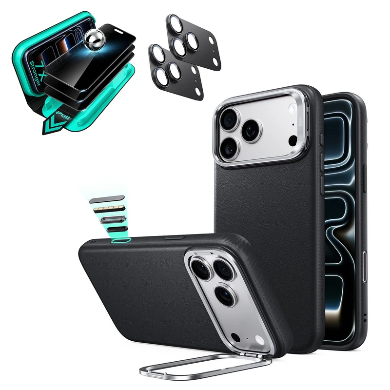 iPhone 18 Pro Bundle Atelier Silicone Leather Magnetic Case with Camera Control and Flex Stand, Plus Armorite®️ Privacy Screen Protector - Black