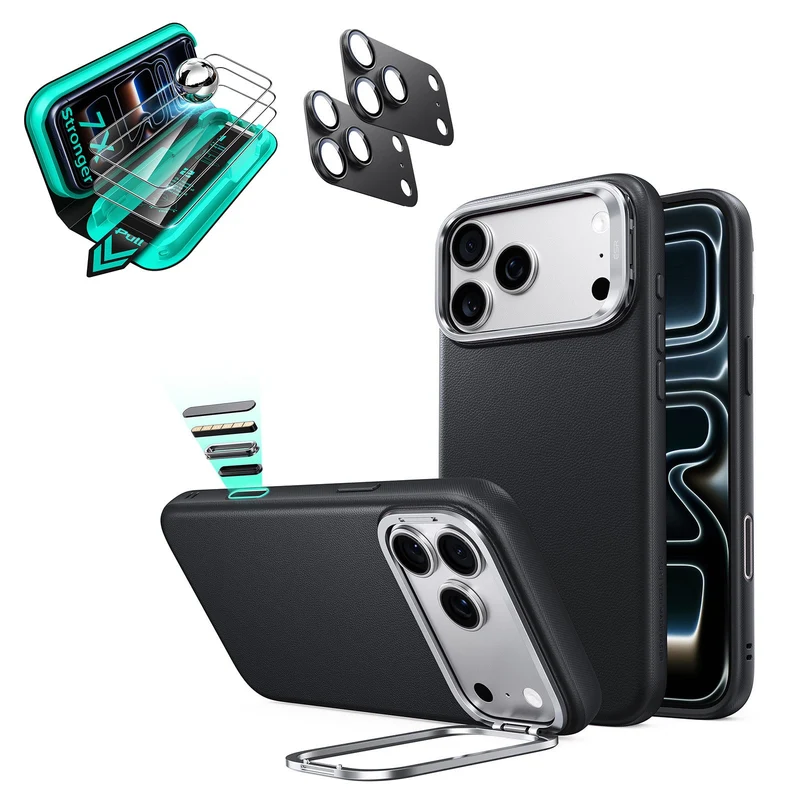 iPhone 18 Pro Bundle Atelier Silicone Leather Magnetic Case with Camera Control and Flex Stand, Plus Armorite®️ Screen Protector - Black