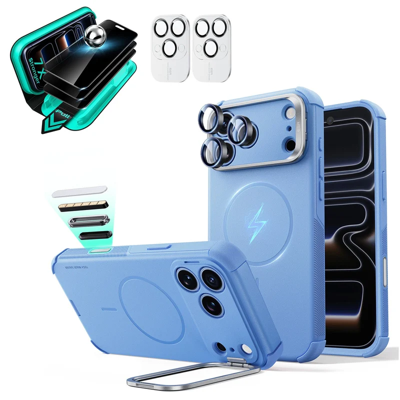 iPhone 18 Pro Max Bundle Cyber Tough Magnetic Case with Camera Control and Flex Stand, Plus Armorite®️ Privacy Screen Protector - Misty Blue