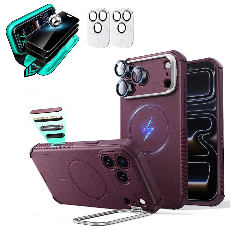 iPhone 18 Pro Max Bundle Cyber Tough Magnetic Case with Camera Control and Flex Stand, Plus Armorite®️ Privacy Screen Protector - Deep Burgundy