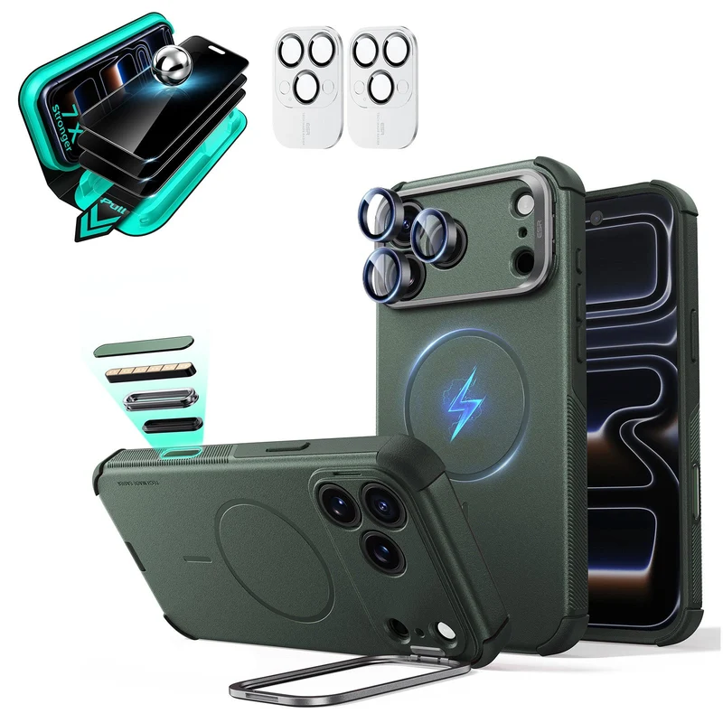 iPhone 18 Pro Max Bundle Cyber Tough Magnetic Case with Camera Control and Flex Stand, Plus Armorite®️ Privacy Screen Protector - Olive Green