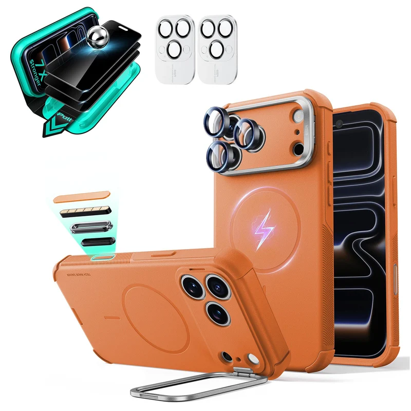 iPhone 18 Pro Bundle Cyber Tough Magnetic Case with Camera Control and Flex Stand, Plus Armorite®️ Privacy Screen Protector - Orange