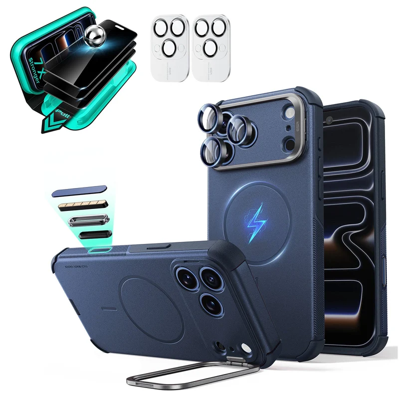 iPhone 18 Pro Bundle Cyber Tough Magnetic Case with Camera Control and Flex Stand, Plus Armorite®️ Privacy Screen Protector - Navy Blue