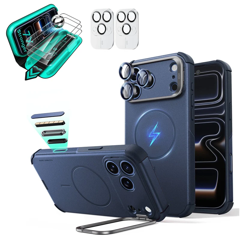 iPhone 18 Pro Max Bundle Cyber Tough Magnetic Case with Camera Control and Flex Stand, Plus Armorite®️ Screen Protector - Navy Blue
