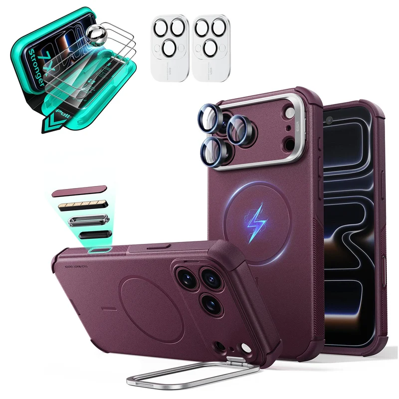 iPhone 18 Pro Bundle Cyber Tough Magnetic Case with Camera Control and Flex Stand, Plus Armorite®️ Screen Protector - Deep Burgundy
