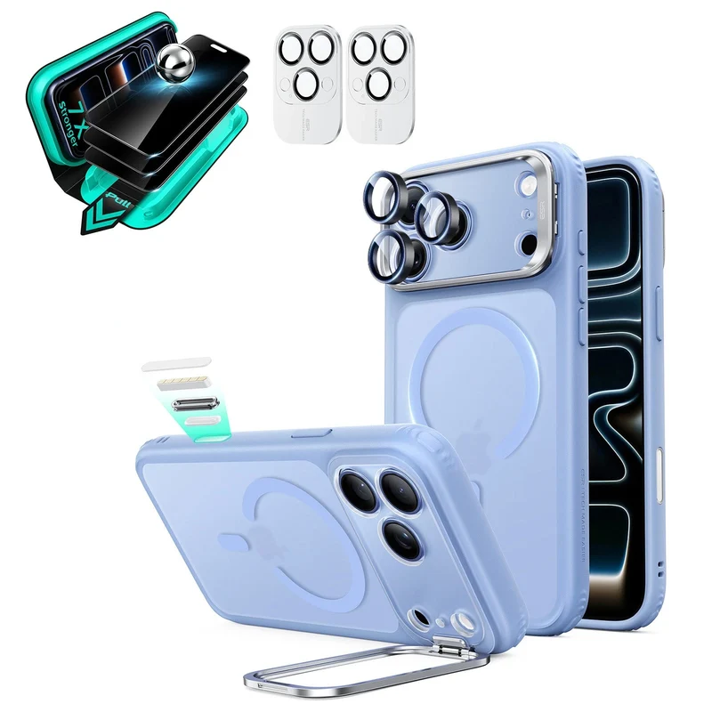 iPhone 18 Pro Max Bundle Classic Hybrid Magnetic Case with Camera Control and Flex Stand, Plus Armorite®️ Privacy Screen Protector - Frosted Misty Blue