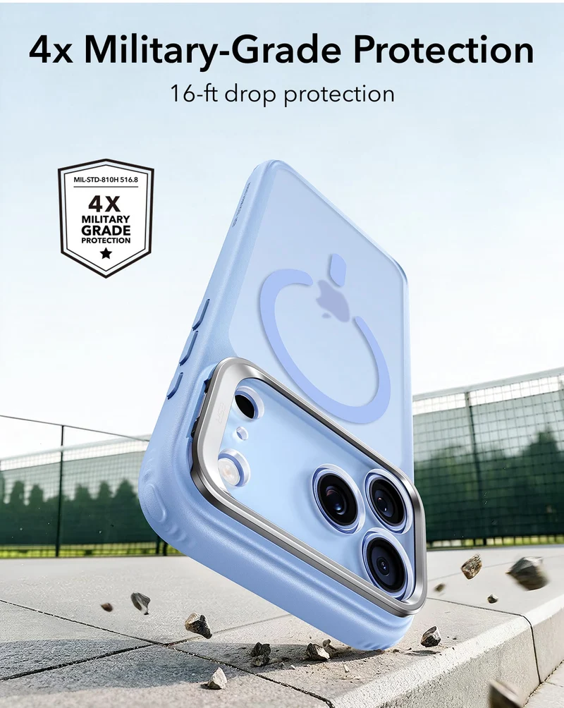 iPhone 18 Pro Max Bundle Classic Hybrid Magnetic Case with Camera Control and Flex Stand, Plus Armorite®️ Screen Protector - Frosted Misty Blue