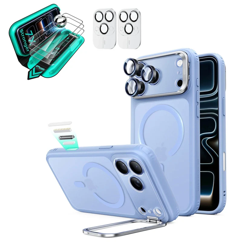 iPhone 18 Pro Max Bundle Classic Hybrid Magnetic Case with Camera Control and Flex Stand, Plus Armorite®️ Screen Protector - Frosted Misty Blue