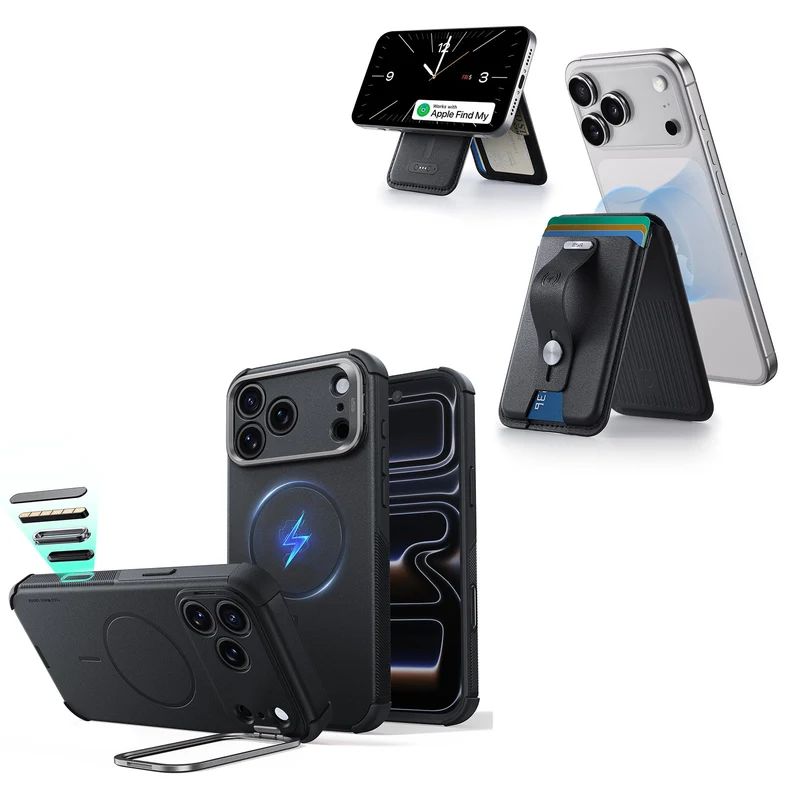 iPhone 18 Pro Cyber Tough Magnetic Case with Camera Control and Flex Stand, Plus Geo Wallet Stand Bundle - Black