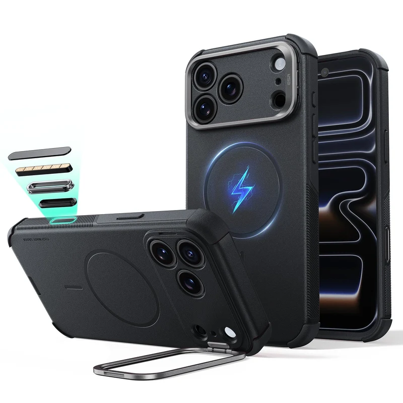 iPhone 18 Pro Cyber Tough Magnetic Case with Camera Control and Flex Stand, Plus Geo Wallet Stand Bundle - Black