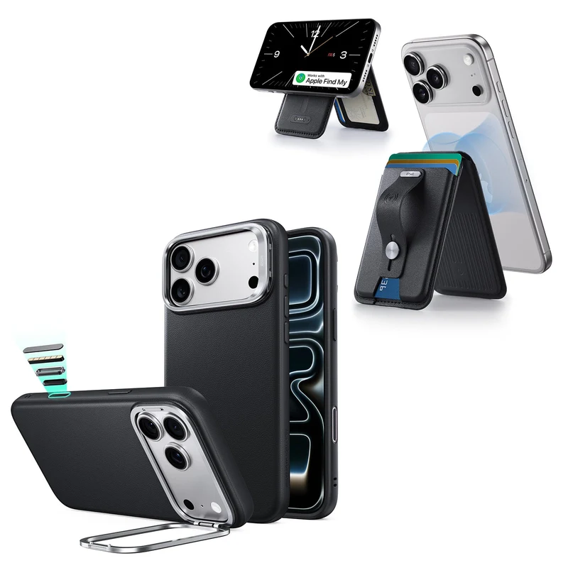 iPhone 18 Pro Atelier Silicone Leather Magnetic Case with Camera Control and Flex Stand, Plus Geo Wallet Stand Bundle - Black