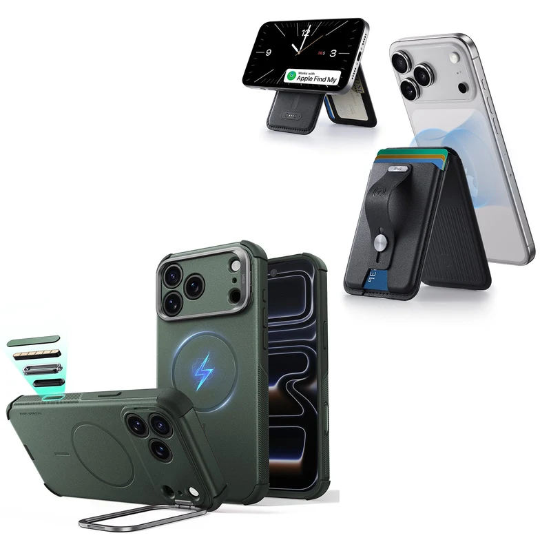 iPhone 18 Pro Max Cyber Tough Magnetic Case with Camera Control and Flex Stand, Plus Geo Wallet Stand Bundle - Olive Green