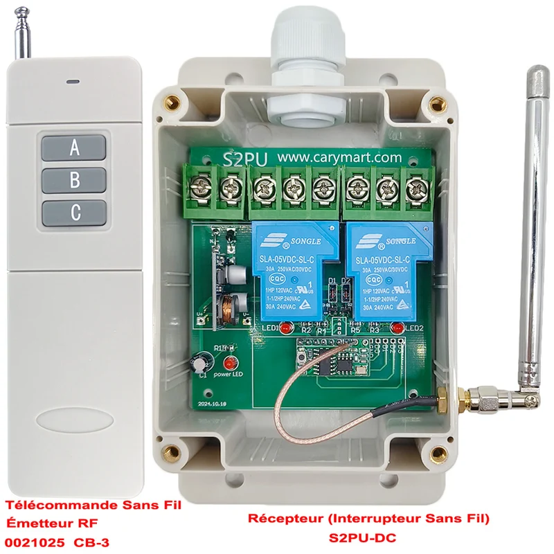 CC 2 canaux 30A kit interrupteur relais télécommande sans fil 1 km (Modèle: 0020339)