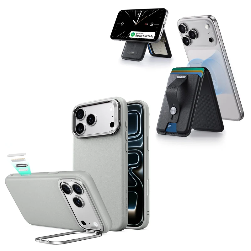 iPhone 18 Pro Max Atelier Silicone Leather Magnetic Case with Camera Control and Flex Stand, Plus Geo Wallet Stand Bundle - Gray