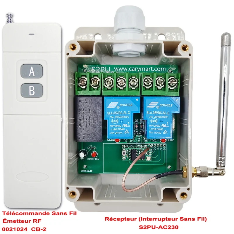 230V kit interrupteur relais sans fil 2 voie 30A avec 1km télécommande (Modèle: 0020341)