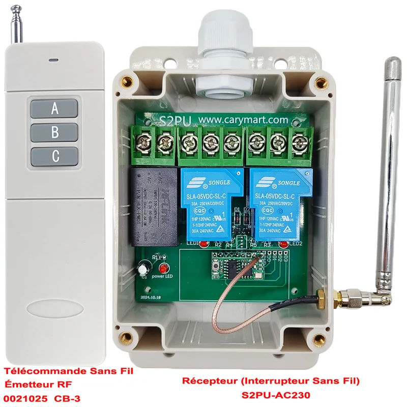 230V kit interrupteur relais sans fil 2 voie 30A avec 1km télécommande (Modèle: 0020341)