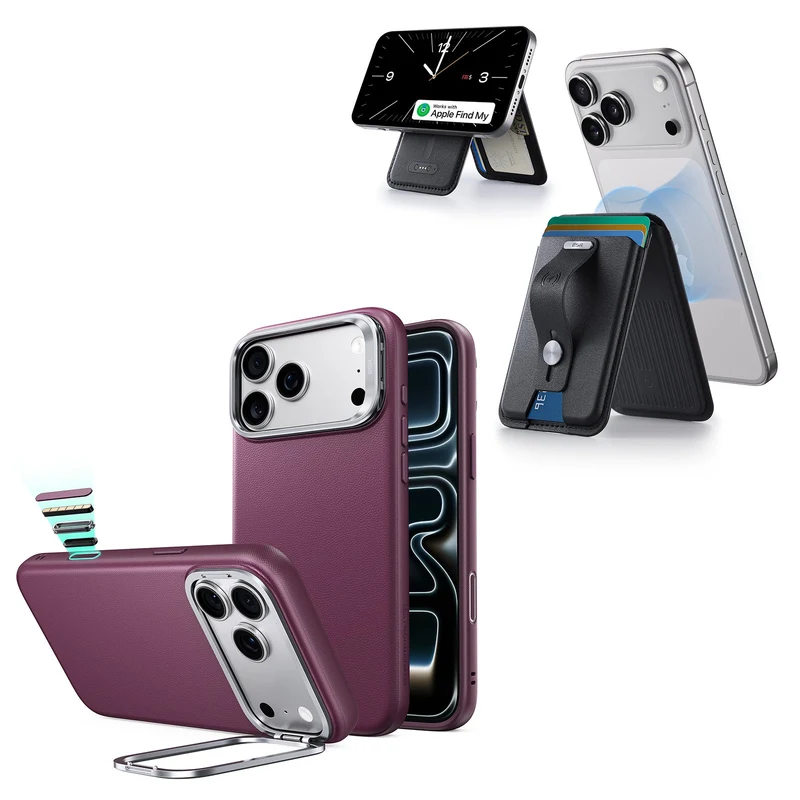 iPhone 18 Pro Atelier Silicone Leather Magnetic Case with Camera Control and Flex Stand, Plus Geo Wallet Stand Bundle - Deep Burgundy&Black