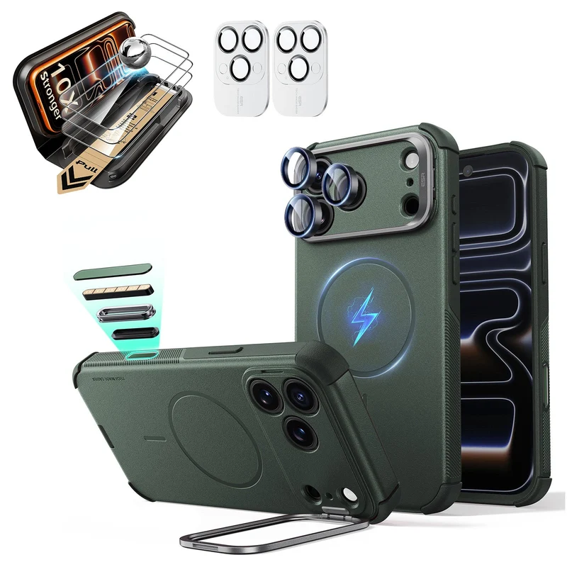 iPhone 18 Pro Bundle Cyber Tough Magnetic Case with Camera Control and Flex Stand, Plus Armorite®️ Pro Screen Protector - Olive Green