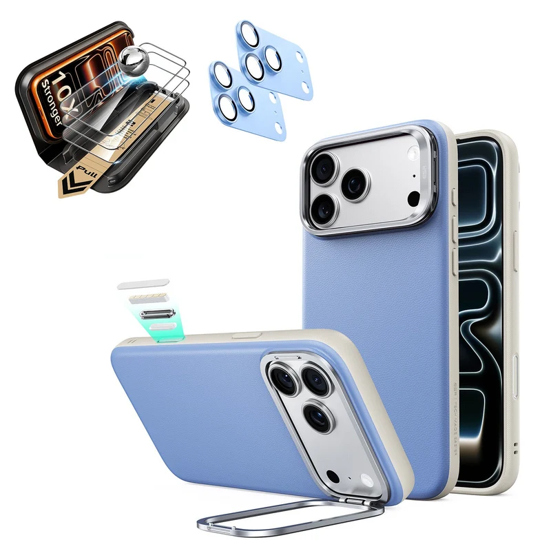 iPhone 18 Pro Max Bundle Atelier Silicone Leather Magnetic Case with Camera Control and Flex Stand, Plus Armorite®️ Pro Screen Protector - Misty Blue