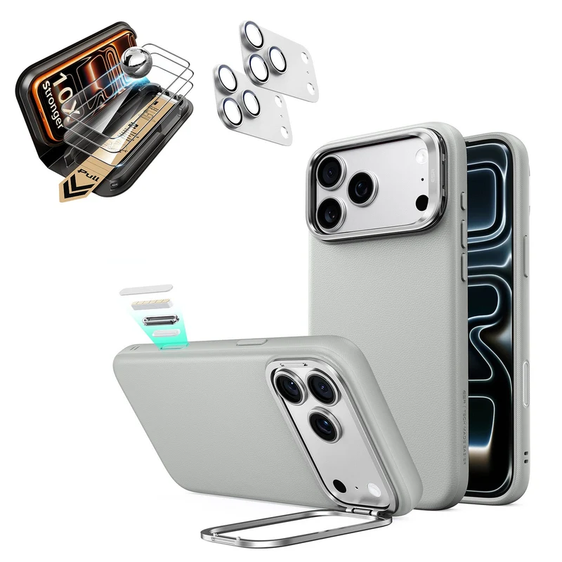 iPhone 18 Pro Max Bundle Atelier Silicone Leather Magnetic Case with Camera Control and Flex Stand, Plus Armorite®️ Pro Screen Protector - Light Gray