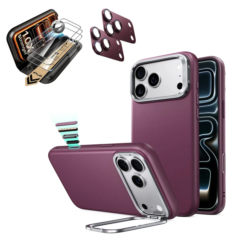 iPhone 18 Pro Bundle Atelier Silicone Leather Magnetic Case with Camera Control and Flex Stand, Plus Armorite®️ Pro Screen Protector - Deep Burgundy