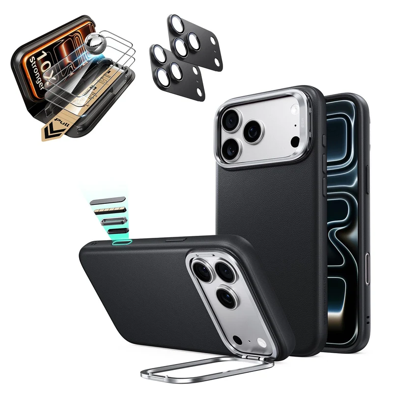 iPhone 18 Pro Bundle Atelier Silicone Leather Magnetic Case with Camera Control and Flex Stand, Plus Armorite®️ Pro Screen Protector - Black