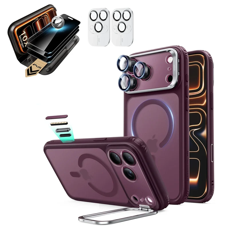 iPhone 18 Pro Max Bundle Classic Hybrid Magnetic Case with Camera Control and Flex Stand, Plus Armorite® Pro Privacy Screen Protector - Frosted Deep Burgundy