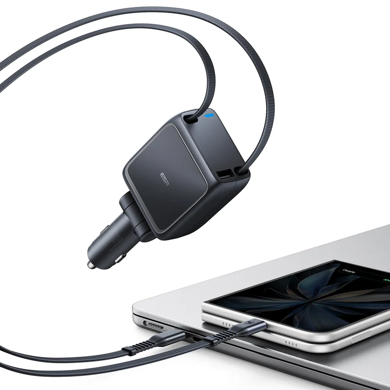 Xtend 100W Retractable Car Charger with Dual Cables - Black