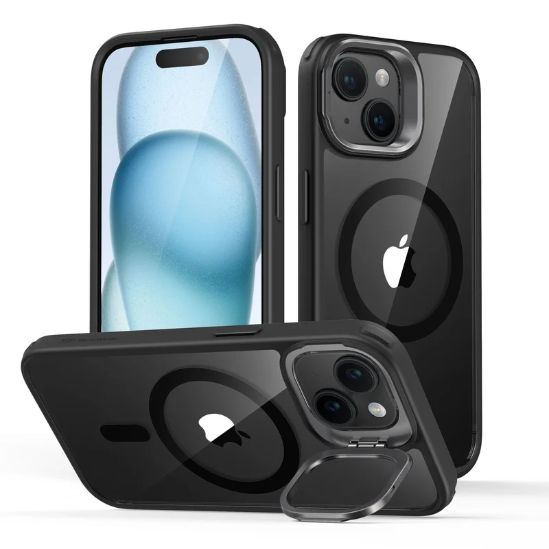 iPhone 15 Classic Hybrid Case with Stash Stand (HaloLock) - Clear Black