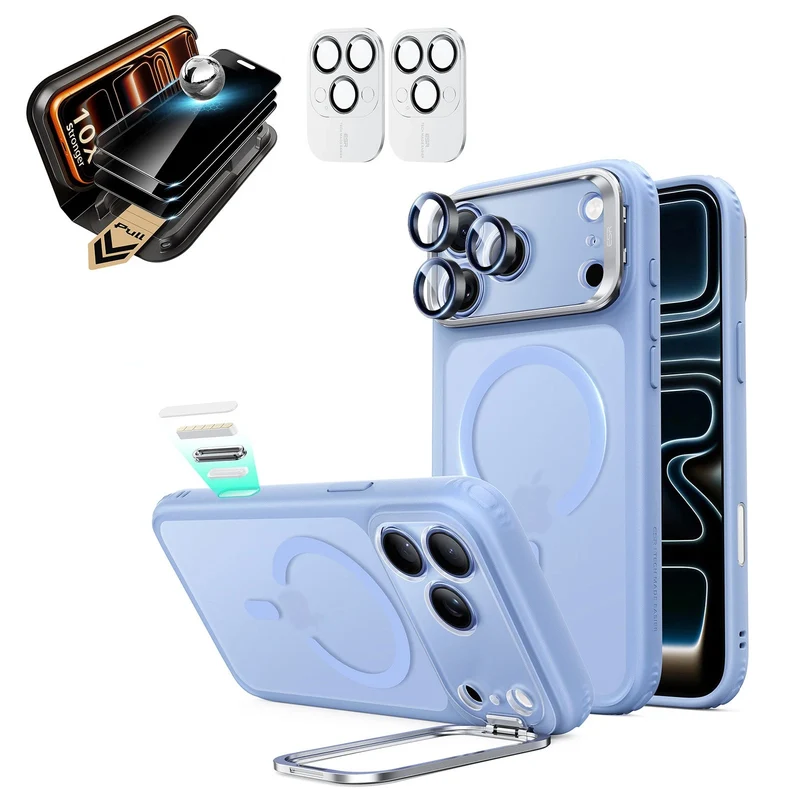 iPhone 18 Pro Bundle Classic Hybrid Magnetic Case with Camera Control and Flex Stand, Plus Armorite® Pro Privacy Screen Protector - Frosted Misty Blue