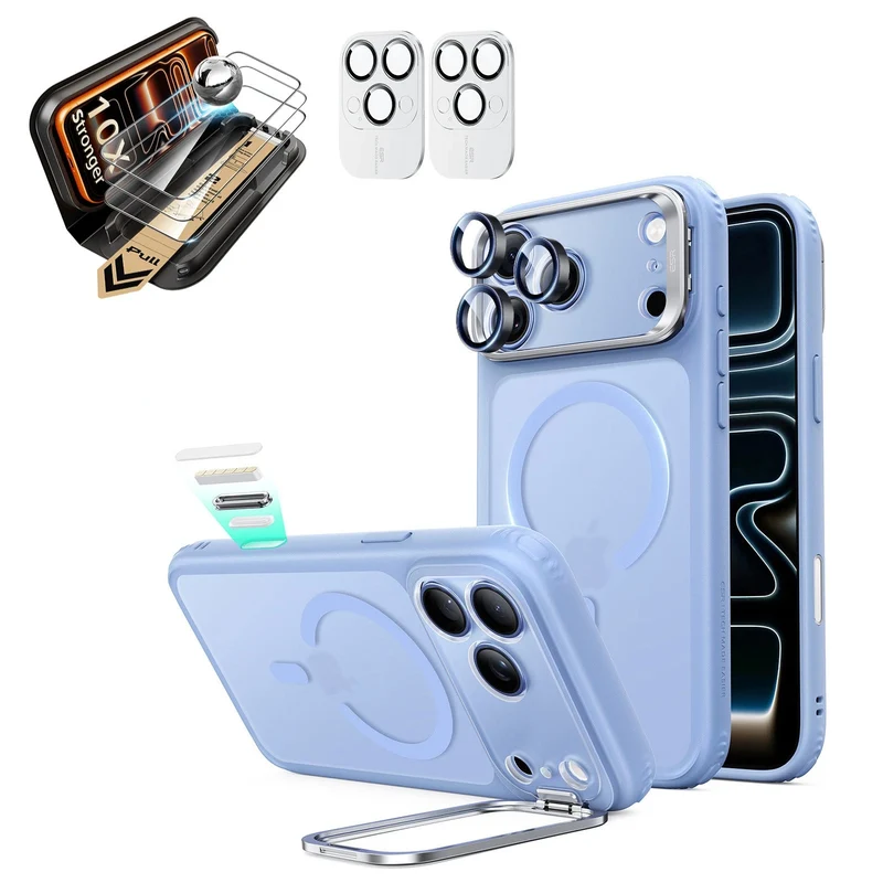 iPhone 18 Pro Max Bundle Classic Hybrid Magnetic Case with Camera Control and Flex Stand, Plus Armorite® Pro Screen Protector - Frosted Misty Blue