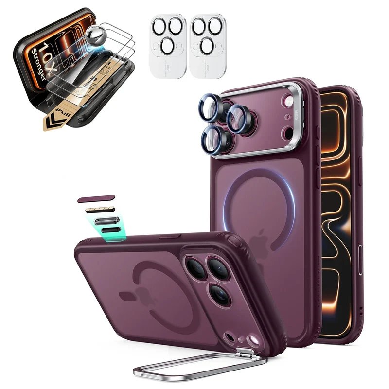 iPhone 18 Pro Bundle Classic Hybrid Magnetic Case with Camera Control and Flex Stand, Plus Armorite® Pro Screen Protector - Frosted Deep Burgundy