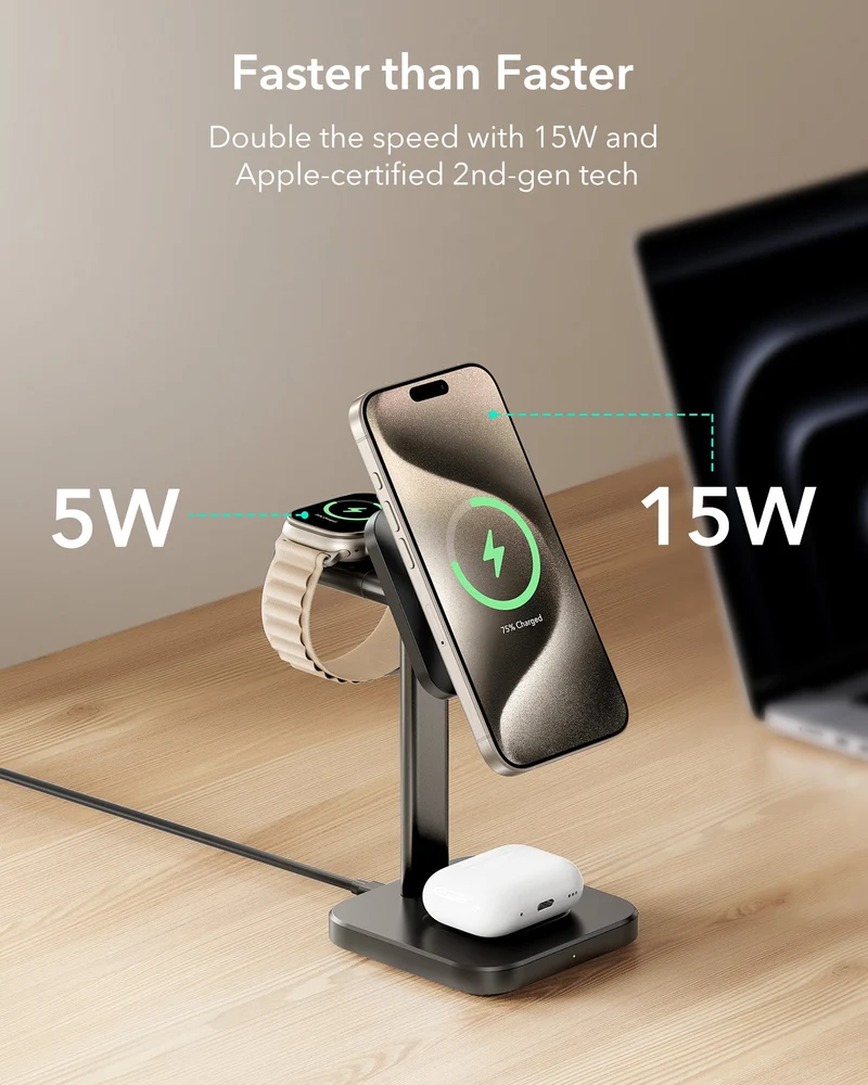 3-in-1 Magnetic Charging Station (15W) - Grey - US PLUG