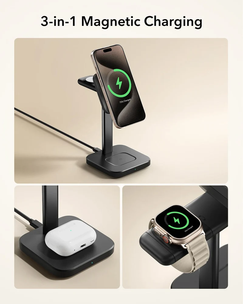 3-in-1 Magnetic Charging Station (15W) - Grey - US PLUG