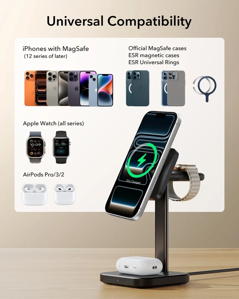 3-in-1 Magnetic Charging Station (15W) - Black - AU PLUG