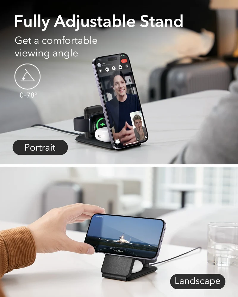 15W 3-in-1 Travel Wireless Charging Set - Brown - US Plug