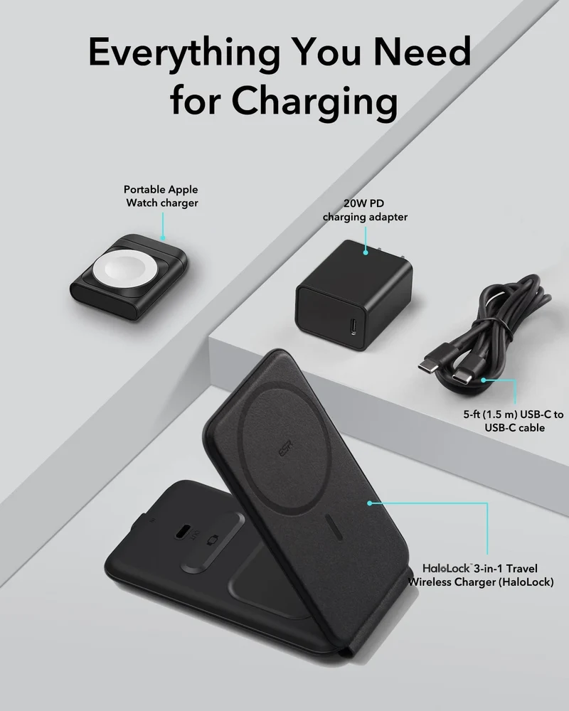 15W 3-in-1 Travel Wireless Charging Set - Brown - US Plug