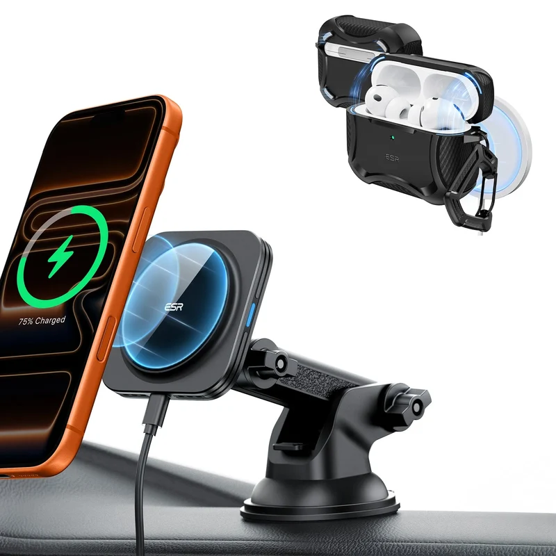 15W Dashboard Wireless Car Charger and AirPods Pro 3 Cyber Tough Case Bundle-Black
