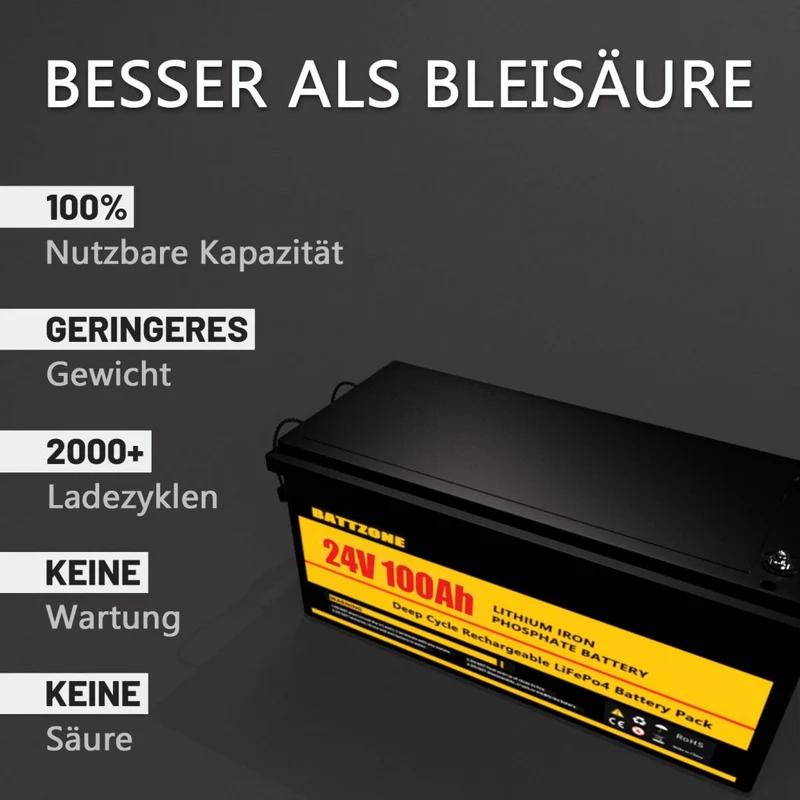 24 V 100 Ah LiFePO4 battery with max 2560 W power 100 A BMS CE and RoHS certificates perfect for motorhomes boats