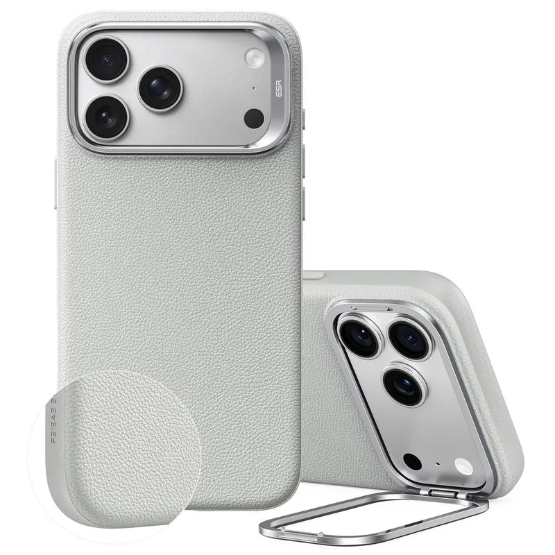 iPhone 18 Pro Max Atelier Silicone Leather Magnetic Case with Camera Control and Flex Stand - Light Gray