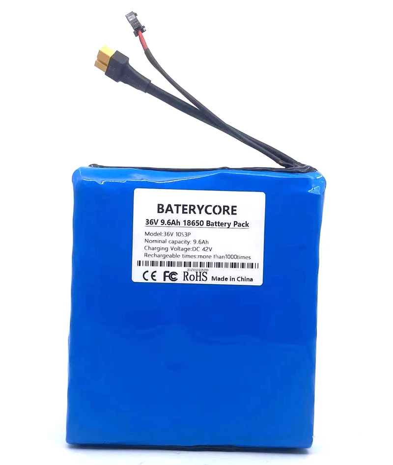 BATERYCORE 36V 9.6Ah 18650 Battery Pack 36V 7.5Ah Modified Bikes EV Protection with PCB + 36V 2A Charger