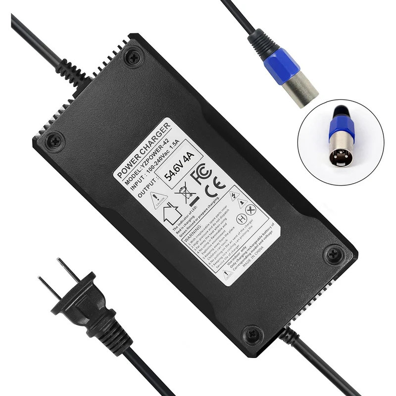 54.6V 4A Power Adapter for Electric Bike Mobility Scooter 48V Lithium Battery Charger 3-Pin XLR Connector