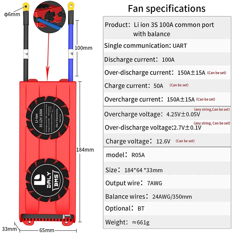 Daly smart bms Li-ion 3S 12V 100A bluetooth BMS FAN board