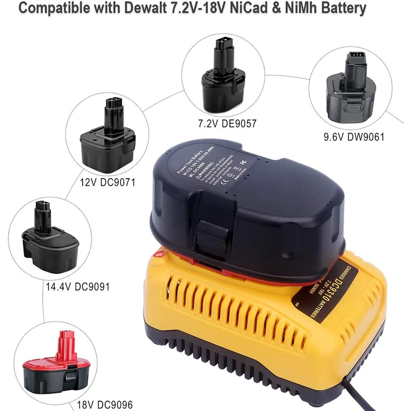 7.2V-18V Battery Charger DC9310 Compatible with Dewalt 18V 14.4V 12V 9.6V 7.2V NiCad & NiMh Battery DC9096 DC9098 DC9099