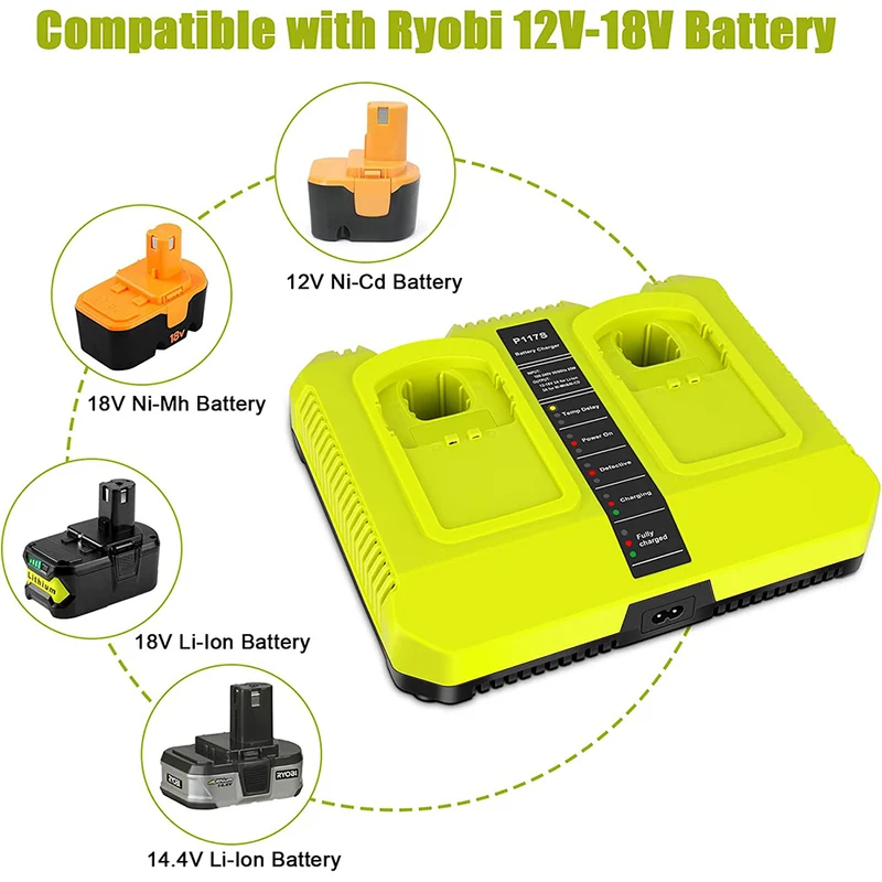 18V Dual Chemistry Fast Charger for Ryobi 12V-18V P117 P118 for ONE+ Lithium NiCd NiMh Battery P102 P108 P100 P103 P105 P107