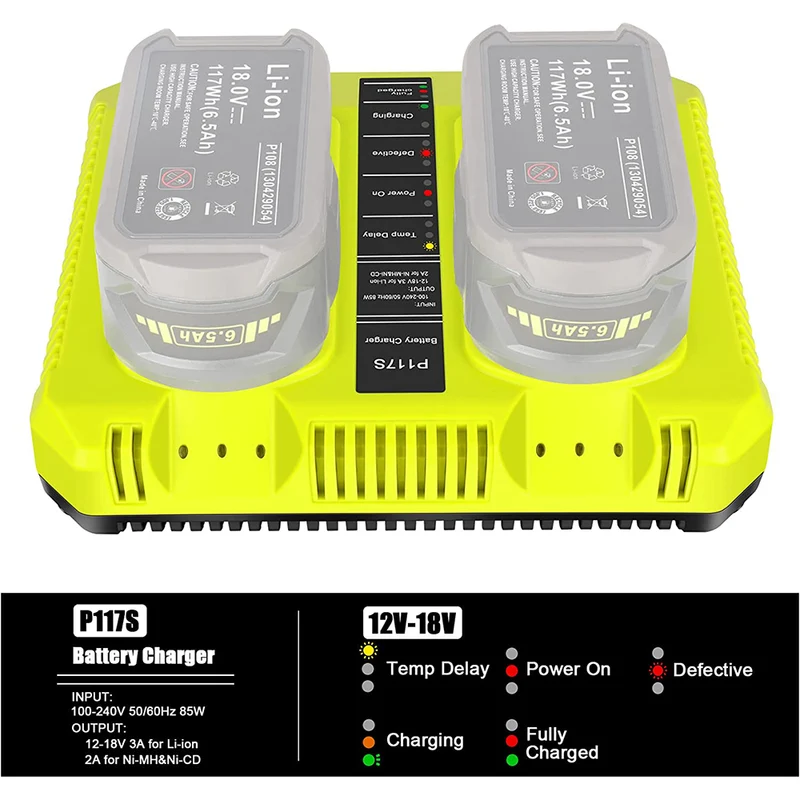 18V Dual Chemistry Fast Charger for Ryobi 12V-18V P117 P118 for ONE+ Lithium NiCd NiMh Battery P102 P108 P100 P103 P105 P107